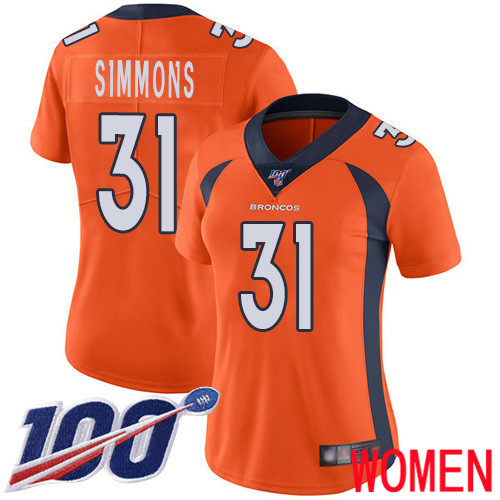 Women Denver Broncos #31 Justin Simmons Orange Team Color Vapor Untouchable Limited Player 100th Season Football NFL Jersey->women nfl jersey->Women Jersey